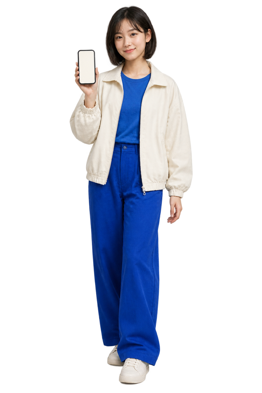 A young person in cobalt streetwear holding their phone.